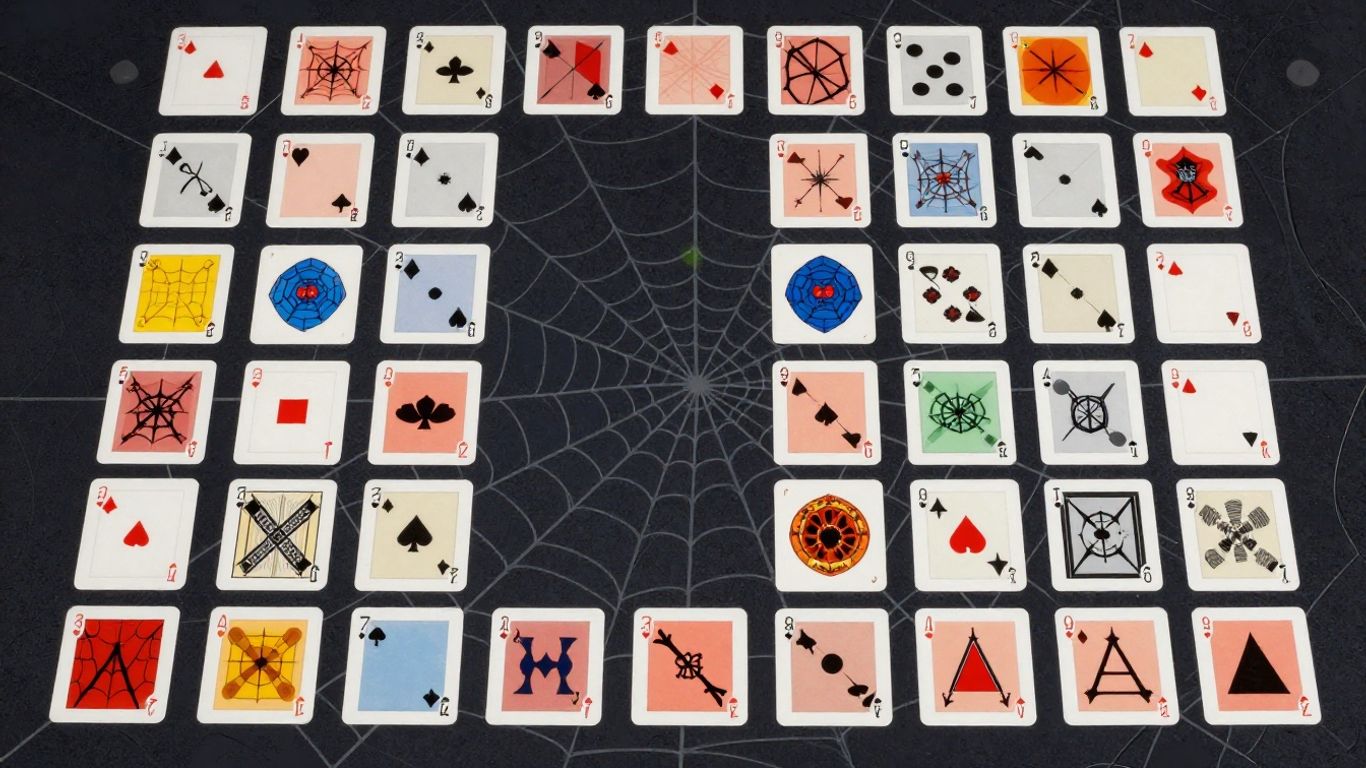 Spider Solitaire card game illustration with web elements.