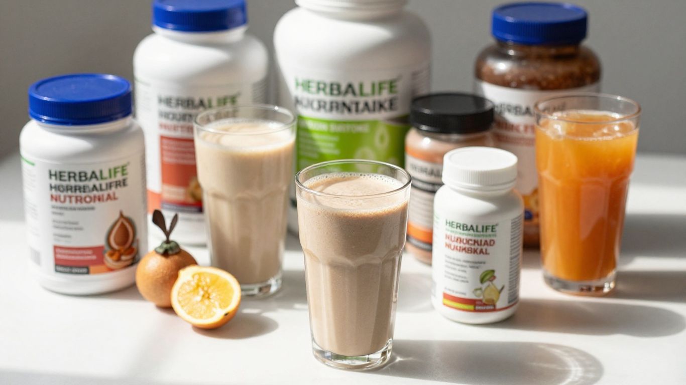 Herbalife products and shakes on a bright surface.