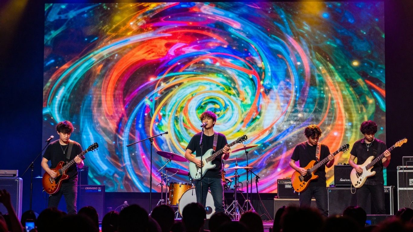 Musician performing on a vibrant, colorful stage.