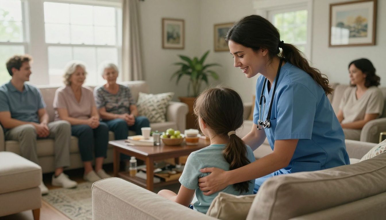 A compassionate nurse caring for a child and an older adult in a warm, inviting North Carolina home, with family members present in a caregiving scene.