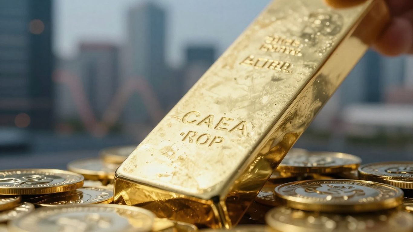 Lingot d'or brillant avec ville floue en arrière-plan.