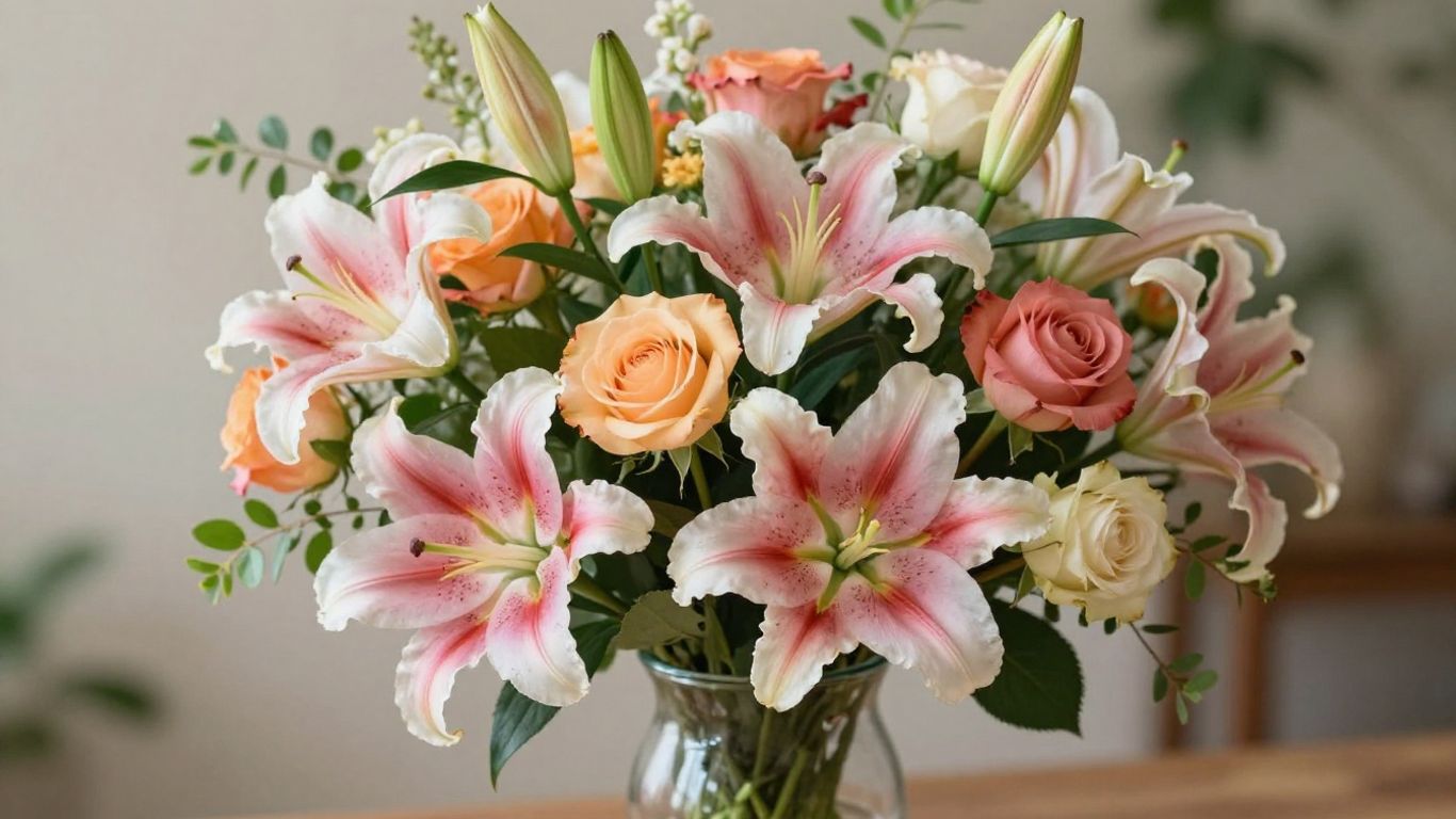 Colorful flower arrangement in a glass vase.