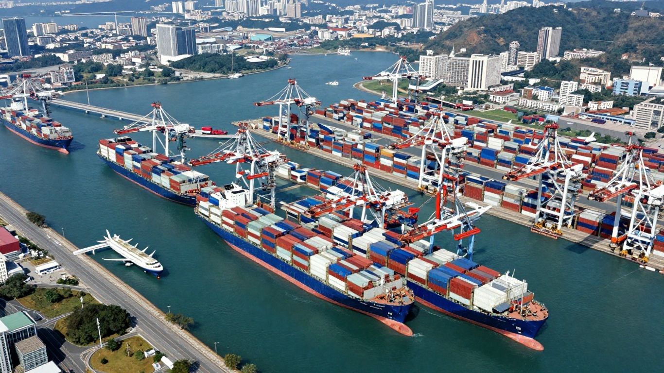 Global supply chain with ships, planes, and containers.