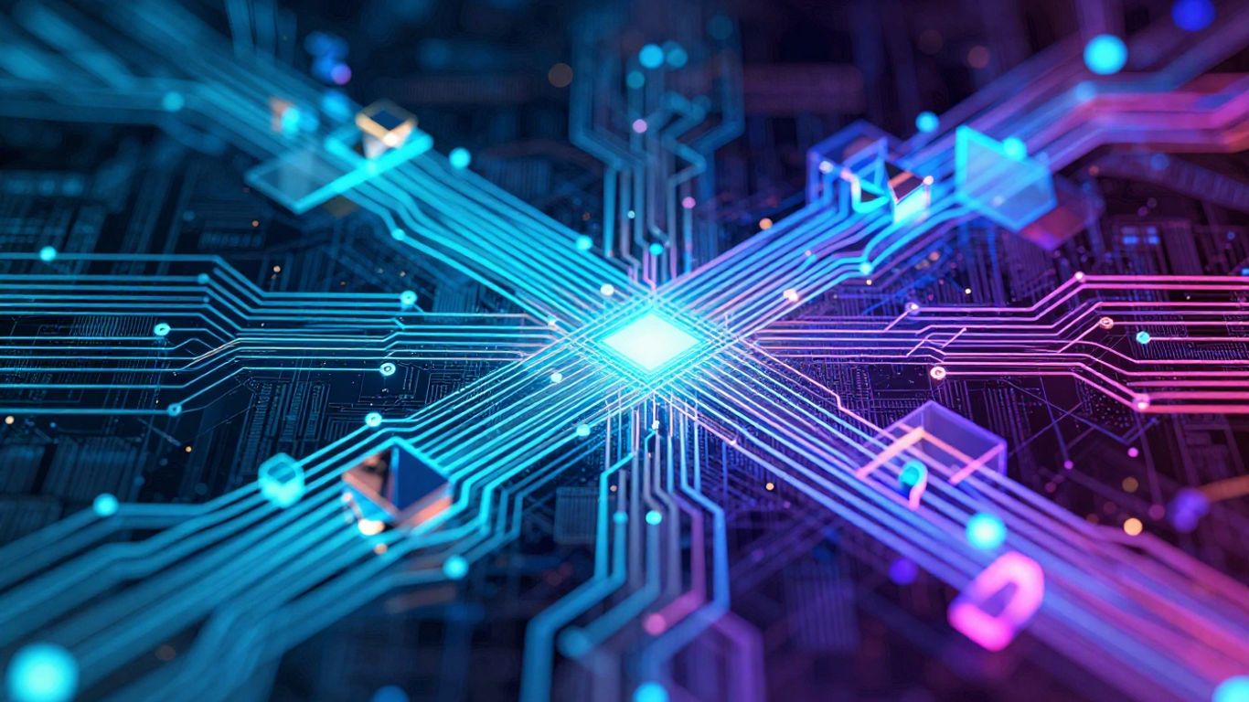 Interconnected digital devices and glowing data streams.