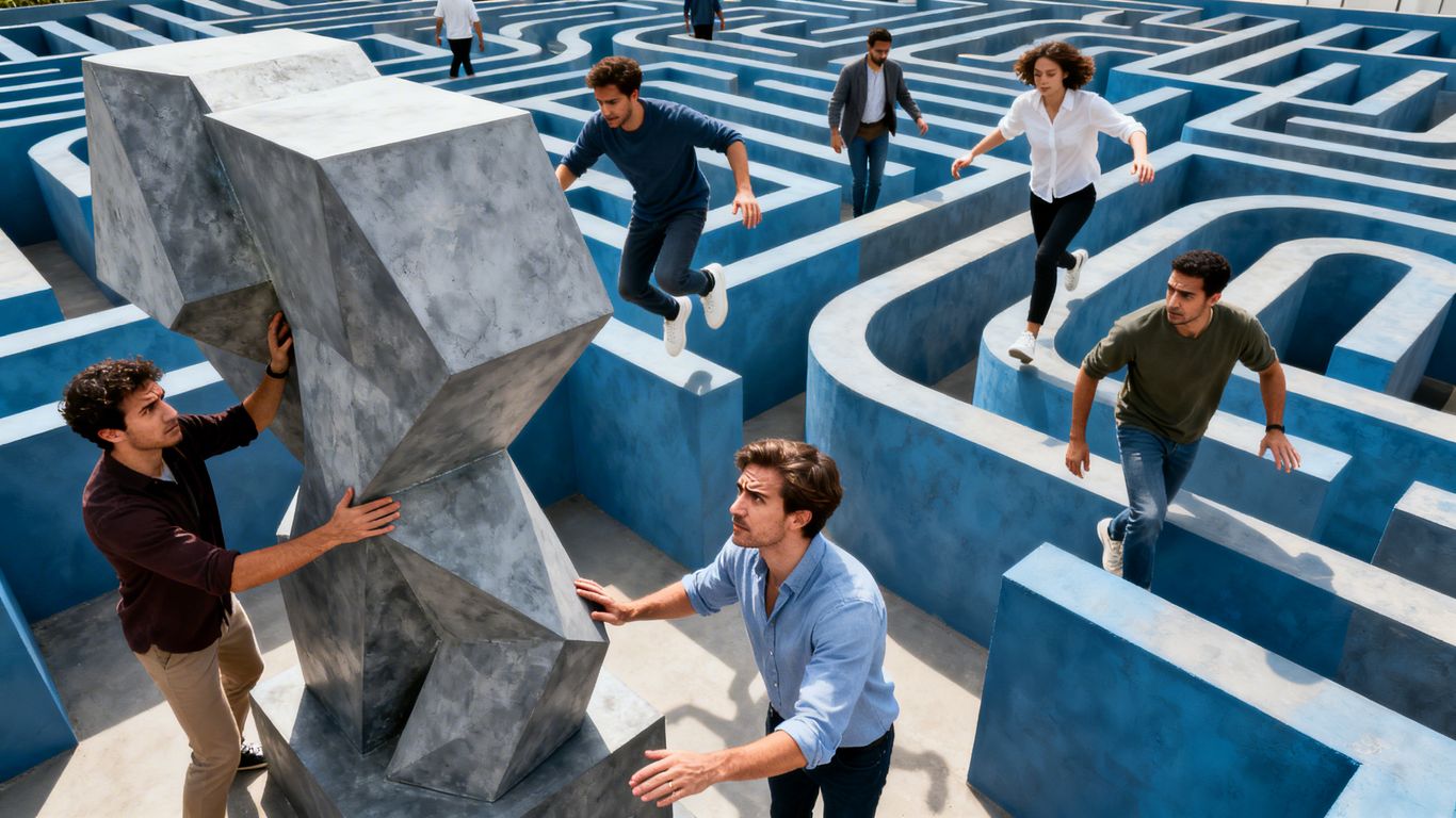 Startup team navigating a complex maze, adapting their path.