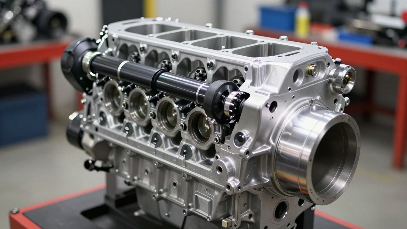 Custom performance engine with intricate metalwork.