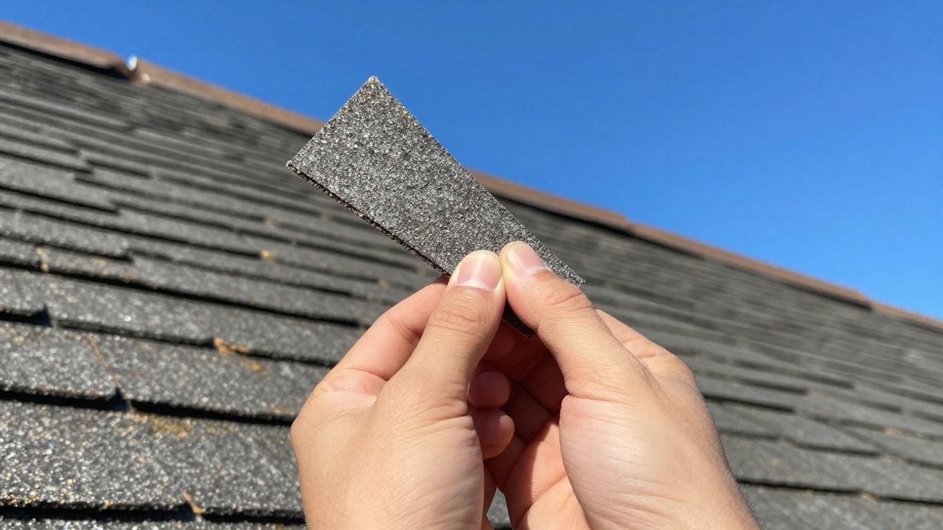 Homeowner inspecting a roof shingle.