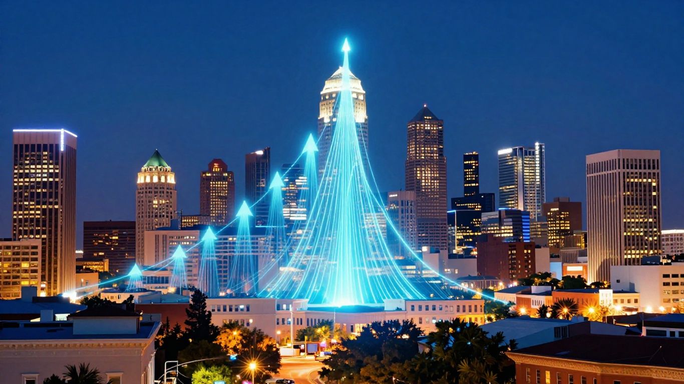 Dallas cityscape with glowing lines indicating business growth.