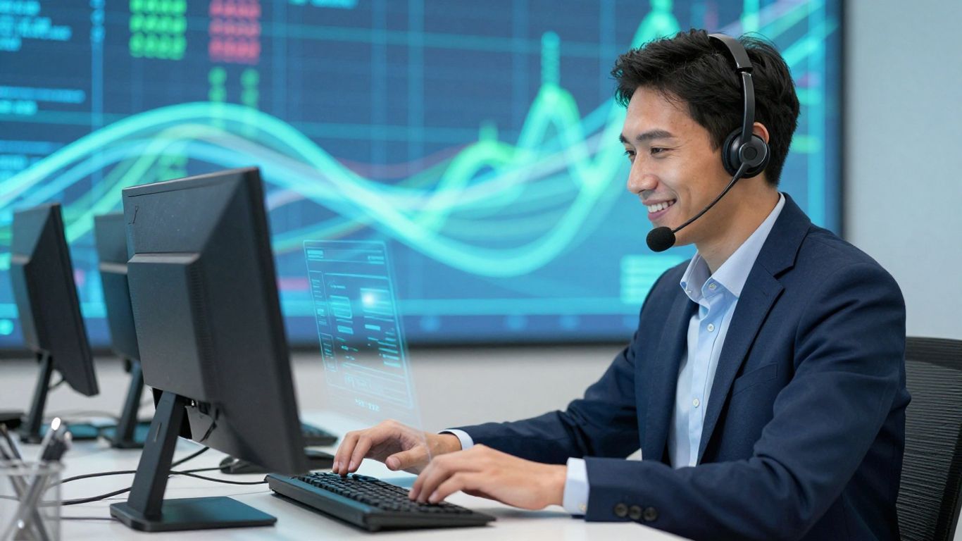 Customer support agent interacting with client via holographic interface.