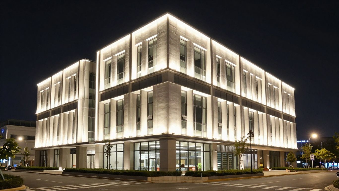 Commercial building illuminated by bright LED lights at night.