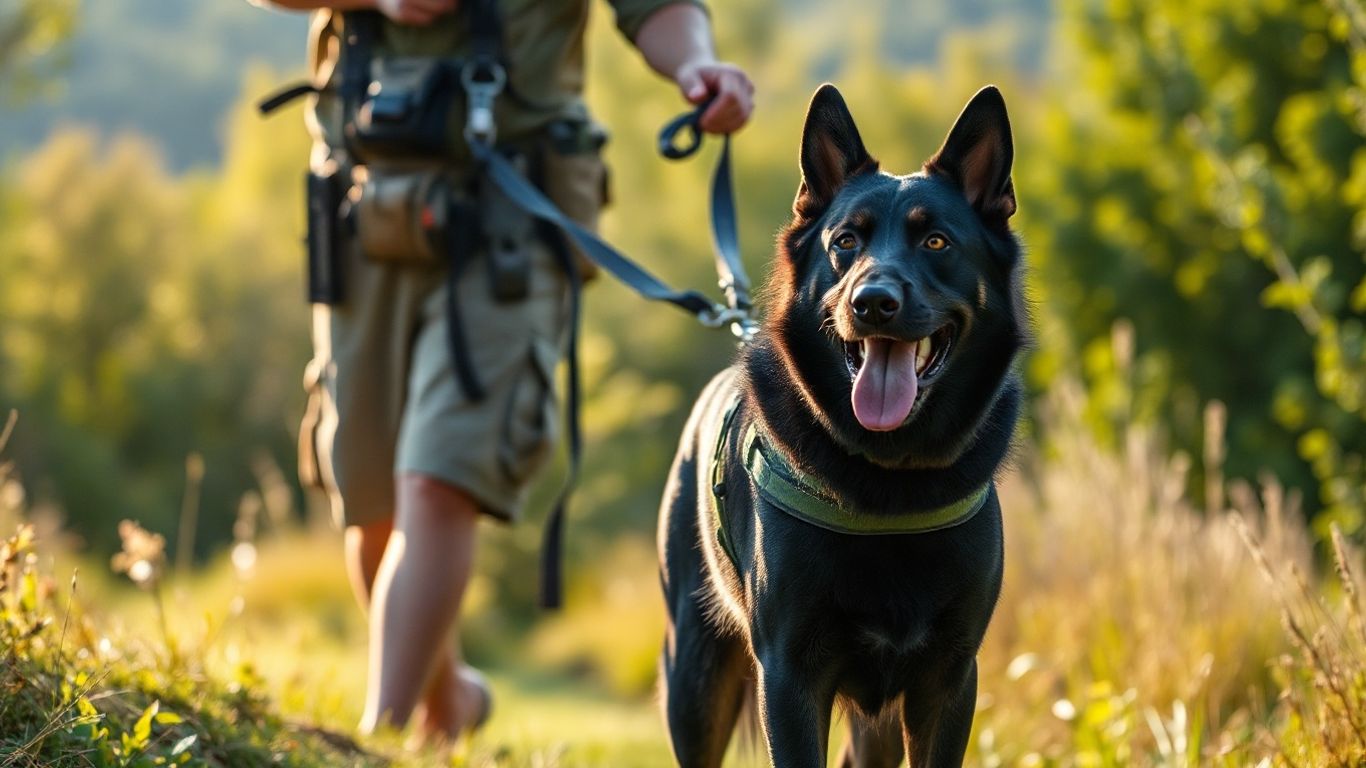 Dog and handler training outdoors in a natural setting.