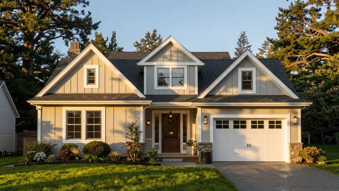 Waterfront home on Bainbridge Island at sunset.