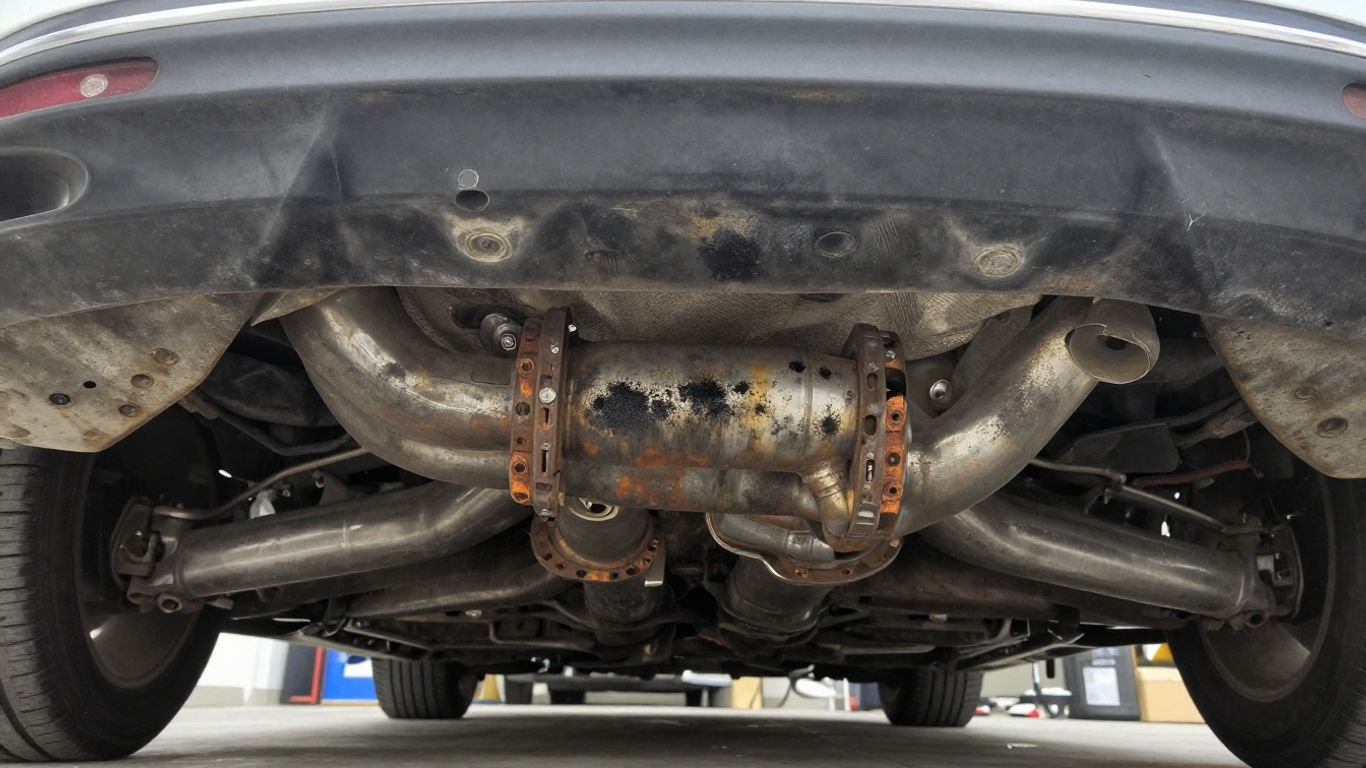 Corroded exhaust components beneath a Mercedes vehicle