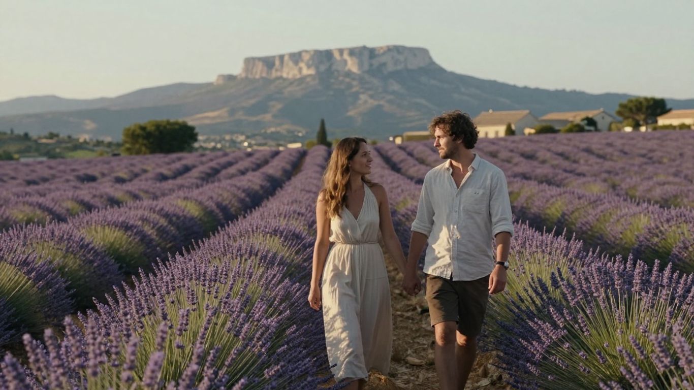 Couple marchant dans les paysages provençaux