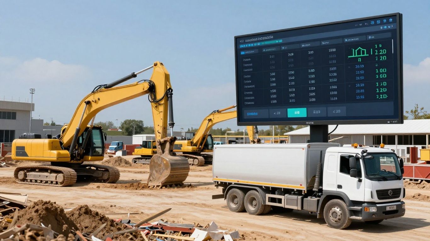 Construction site with fleet management interface.