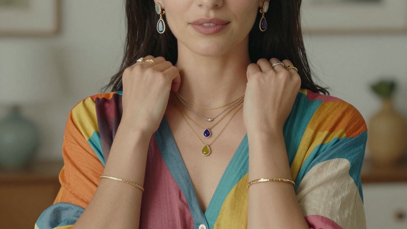 Woman wearing layered jewelry with colorful clothing