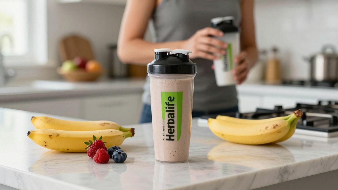 Herbalife protein shake with fruits and shaker cup.