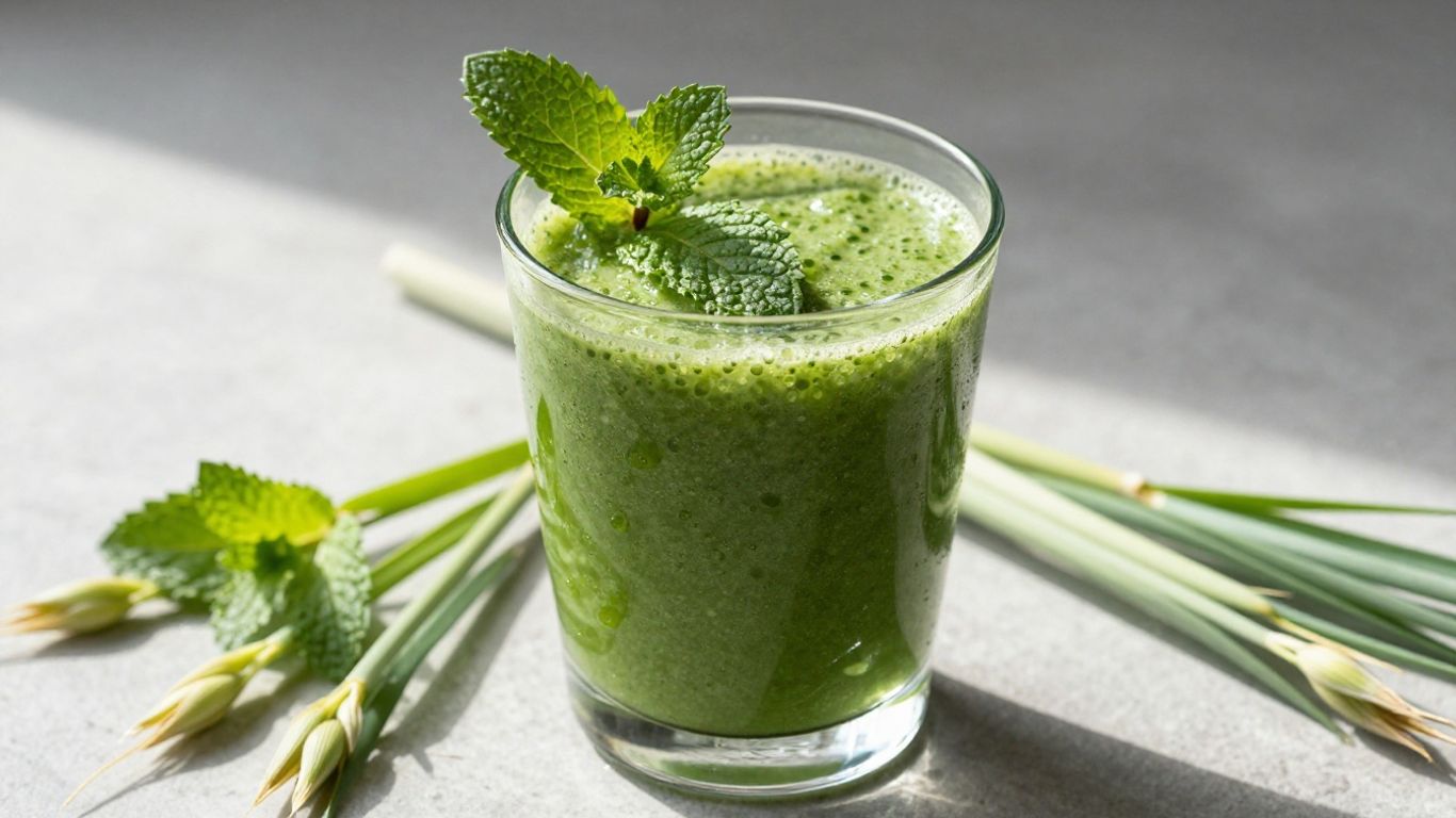 Green barley smoothie with fresh mint and barley stalks.