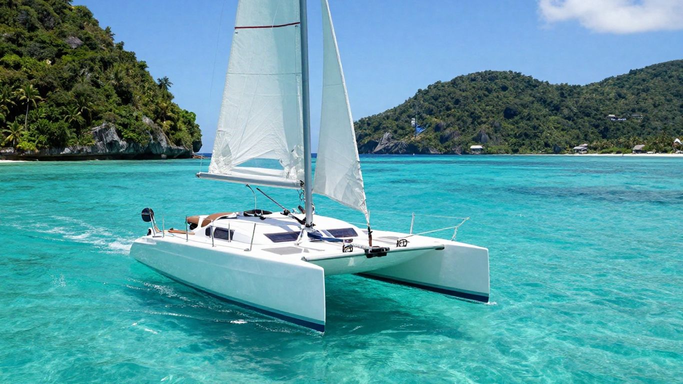 Catamaran sailing in the BVI with islands in background.
