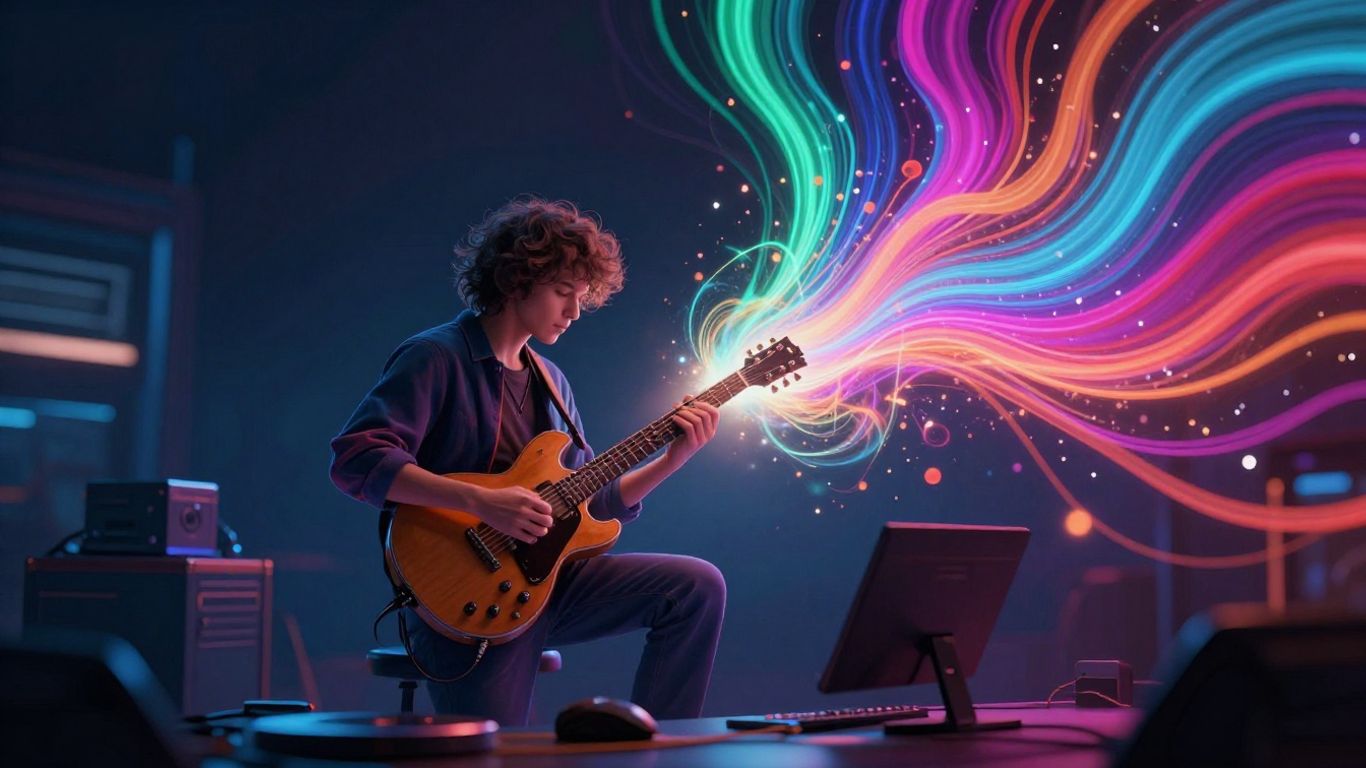 AI music video generator interface with sound waves.