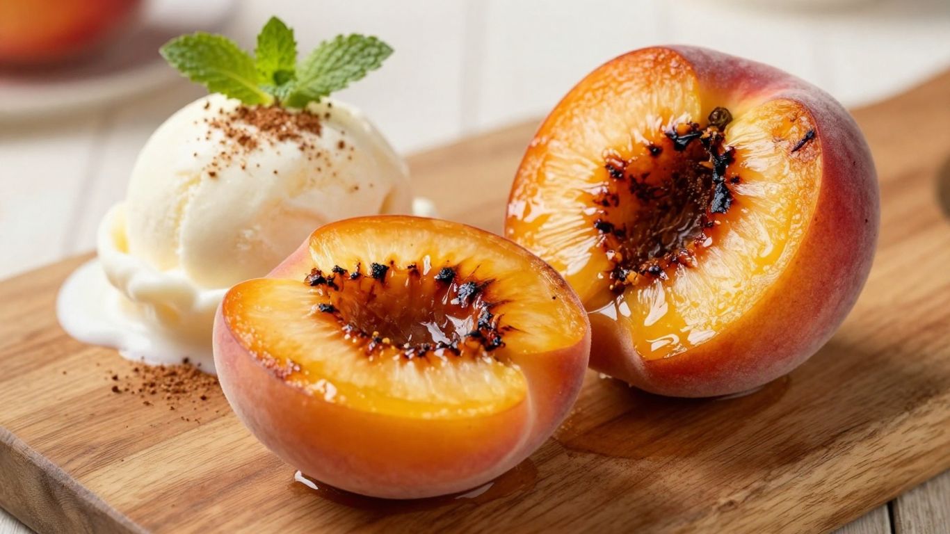 Caramelized grilled peach with melting ice cream and mint.