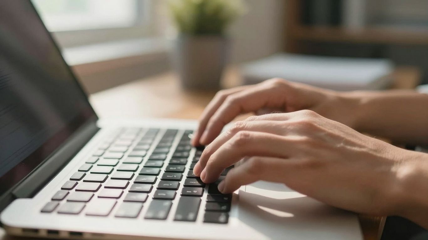 Hands typing on a laptop keyboard in sunlight.