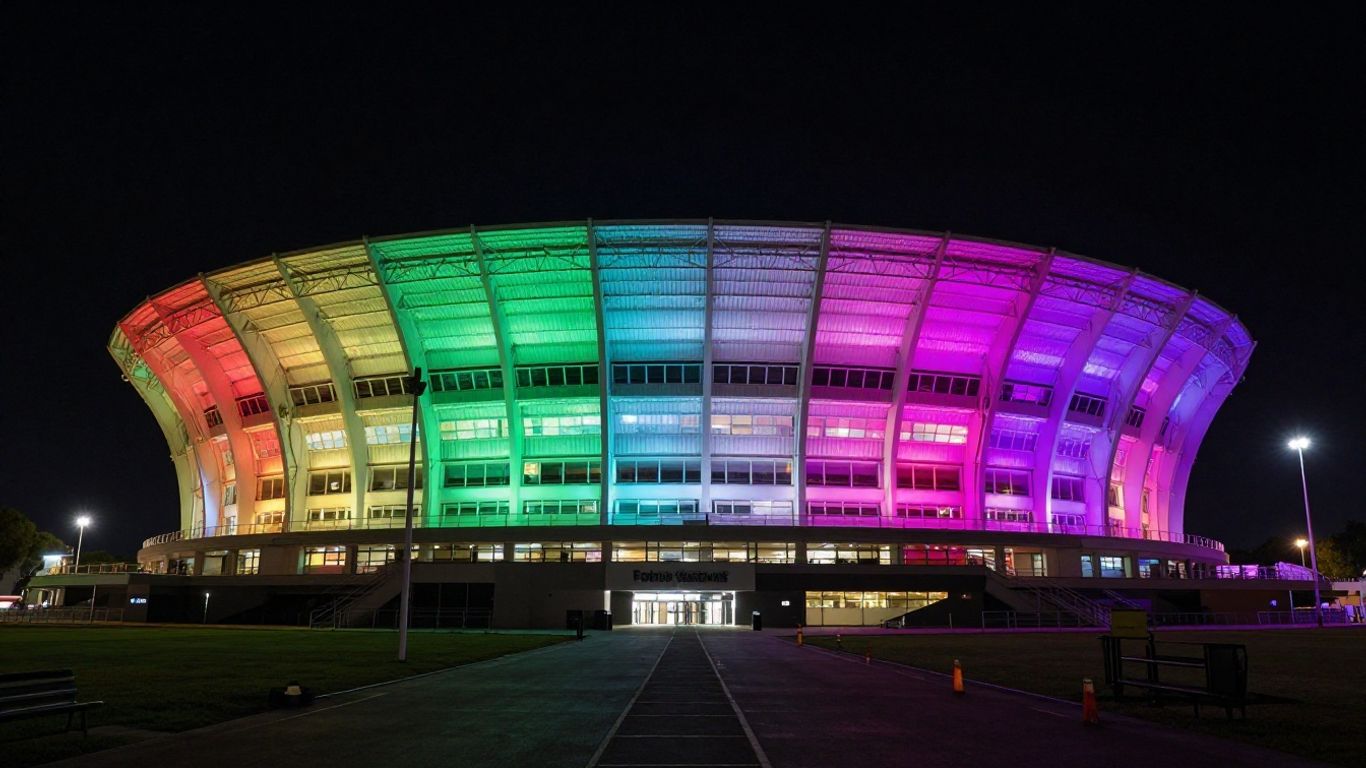 Loftus Versfeld Stadium lit up with colorful LED lights.