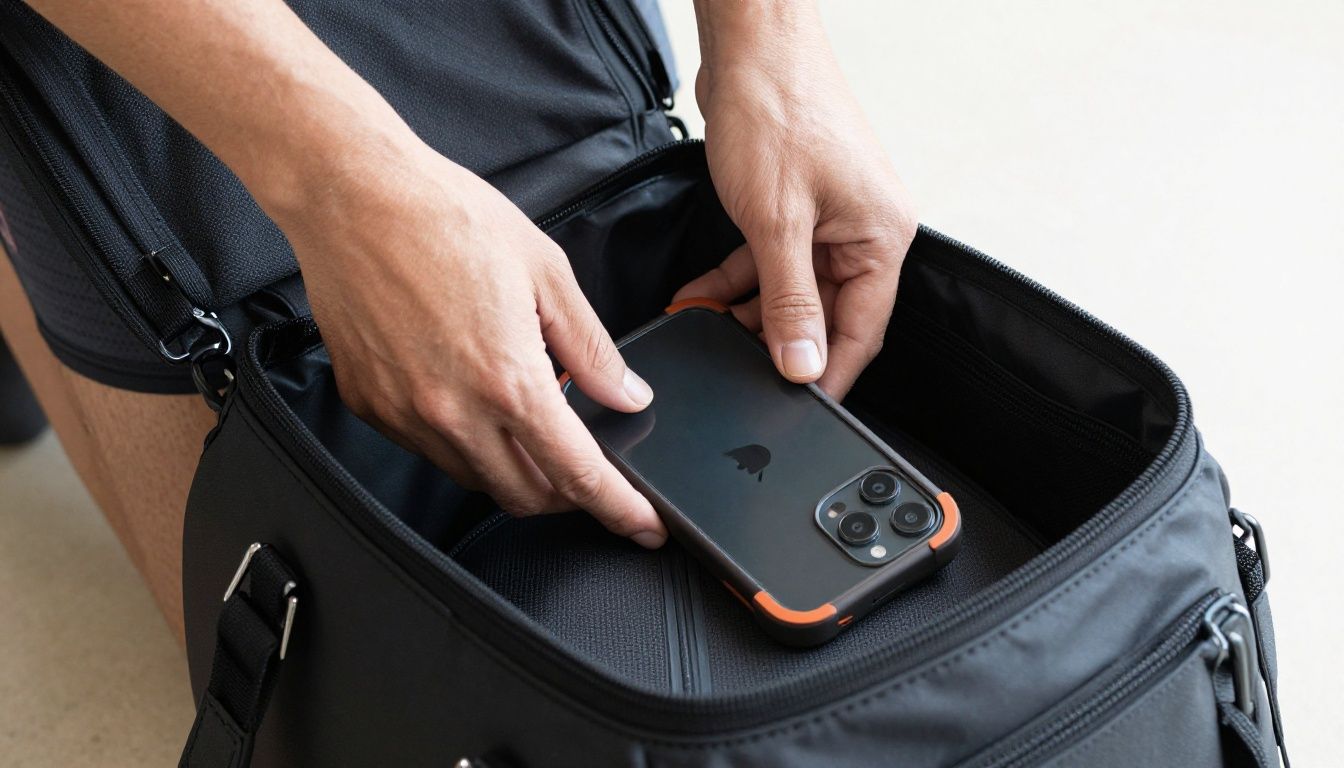 A person in athletic wear securely placing a generic smartphone in a rugged case into their gym bag.