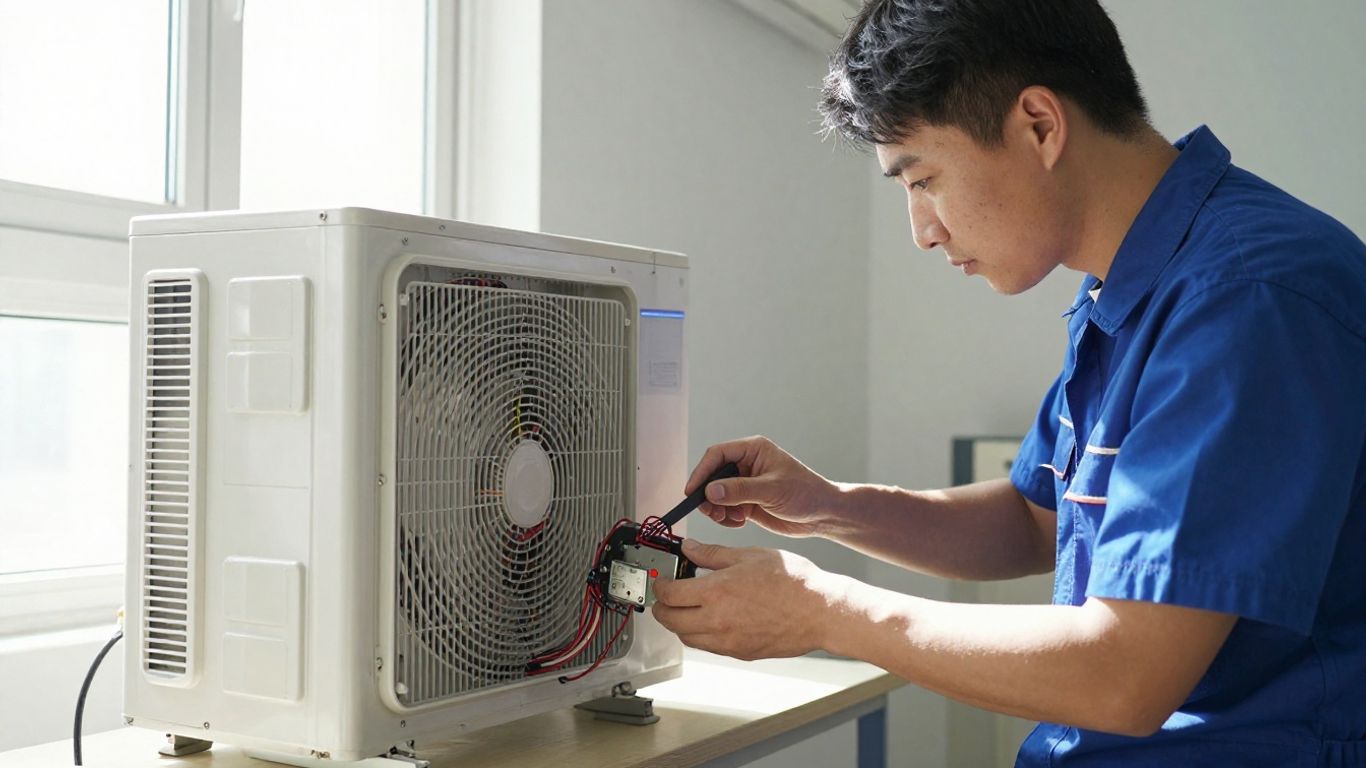 Technician inspecting air conditioner for proactive maintenance.