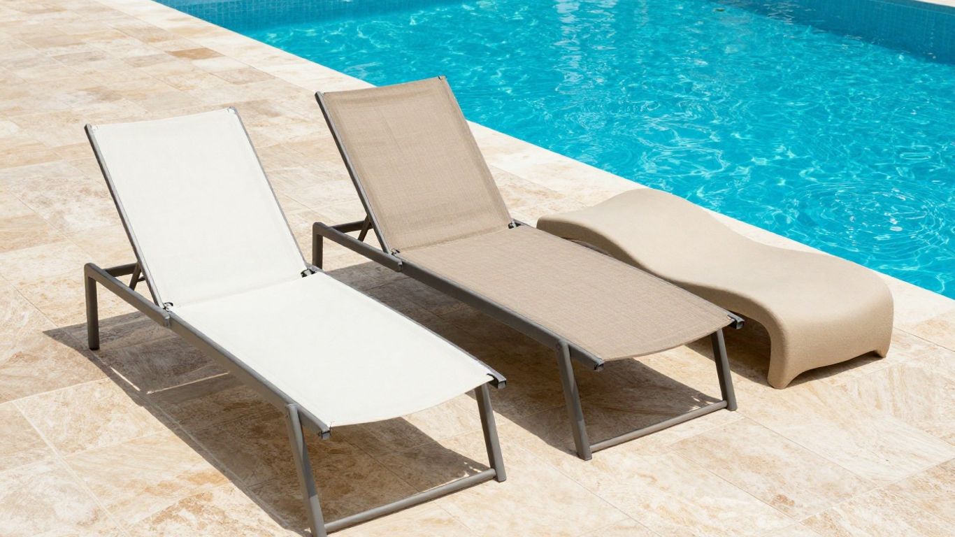 Pool lounger materials beside a bright blue swimming pool