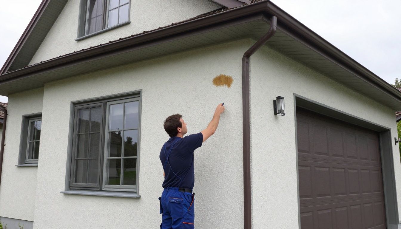 A photorealistic residential stucco home in Lake Zurich with a contractor inspecting a small water stain and repaired exterior wall, natural daylight, no text or logos
