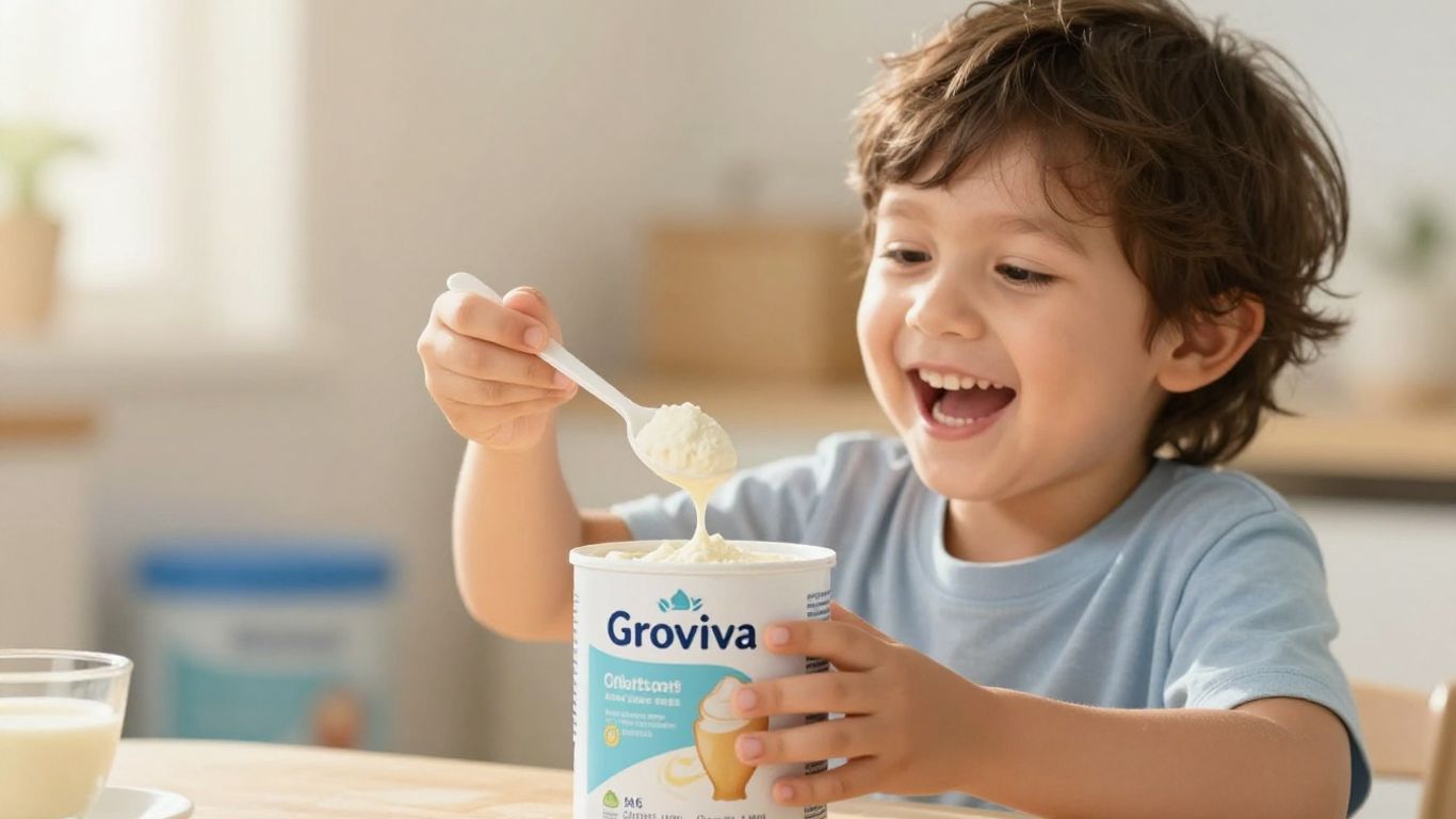Child reaching for Groviva powder