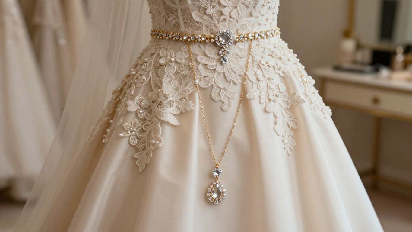 Bridal jewellery beside textured reception gown