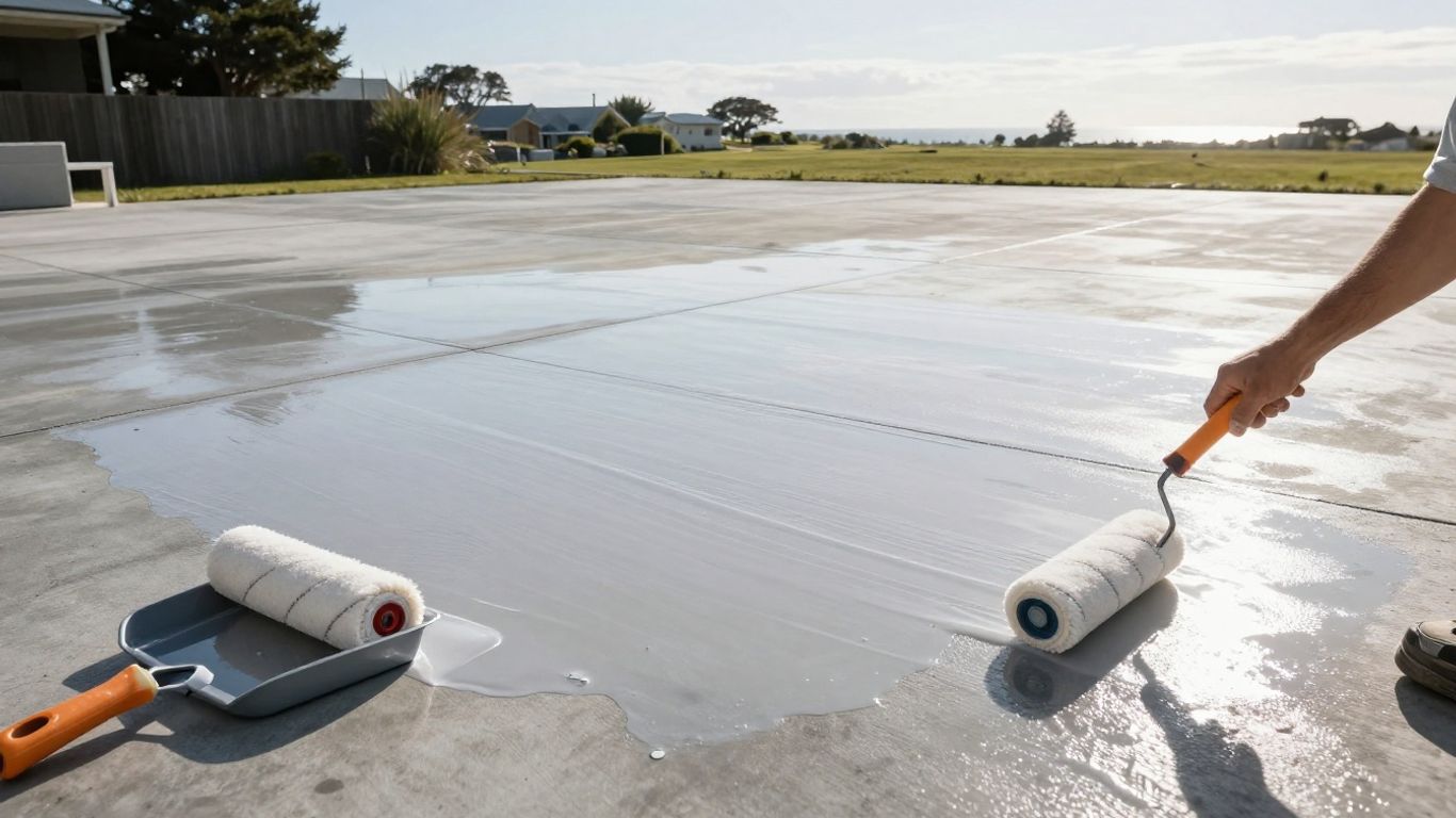 Freshly sealed concrete patio in coastal Tauranga