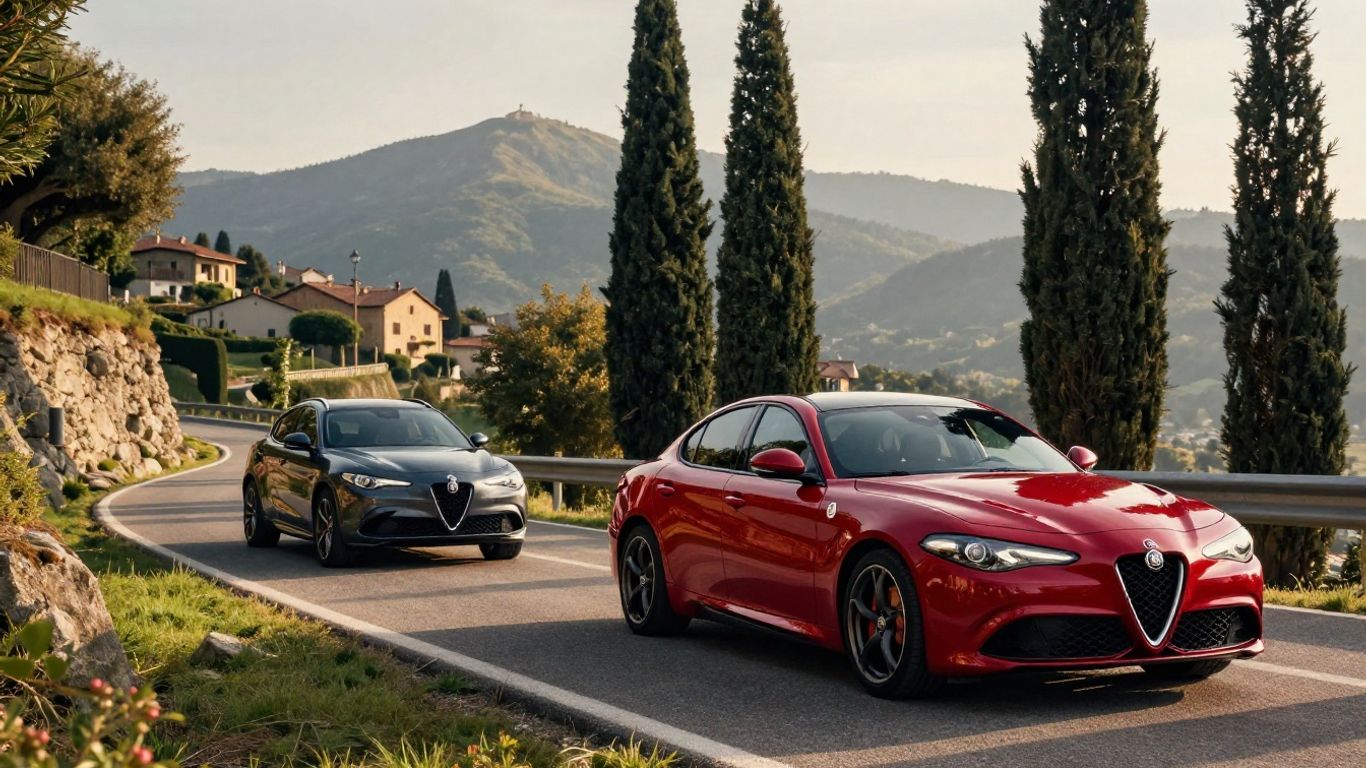 Red Alfa Romeo parked on an Italian mountain road