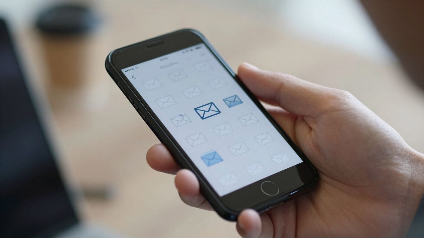 Hand holding smartphone with many outgoing emails.