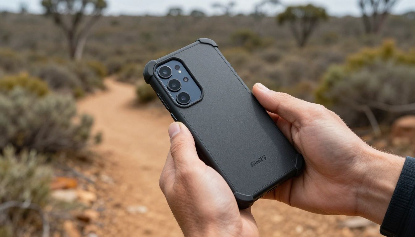 A close-up of someone's hands holding a Galaxy S25 Edge in a rugged, shockproof case while hiking on a trail with Australian bushland in the background.