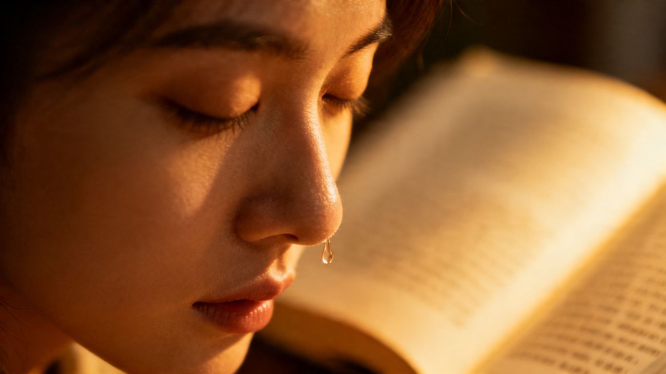 Person crying tears of joy while reading books.