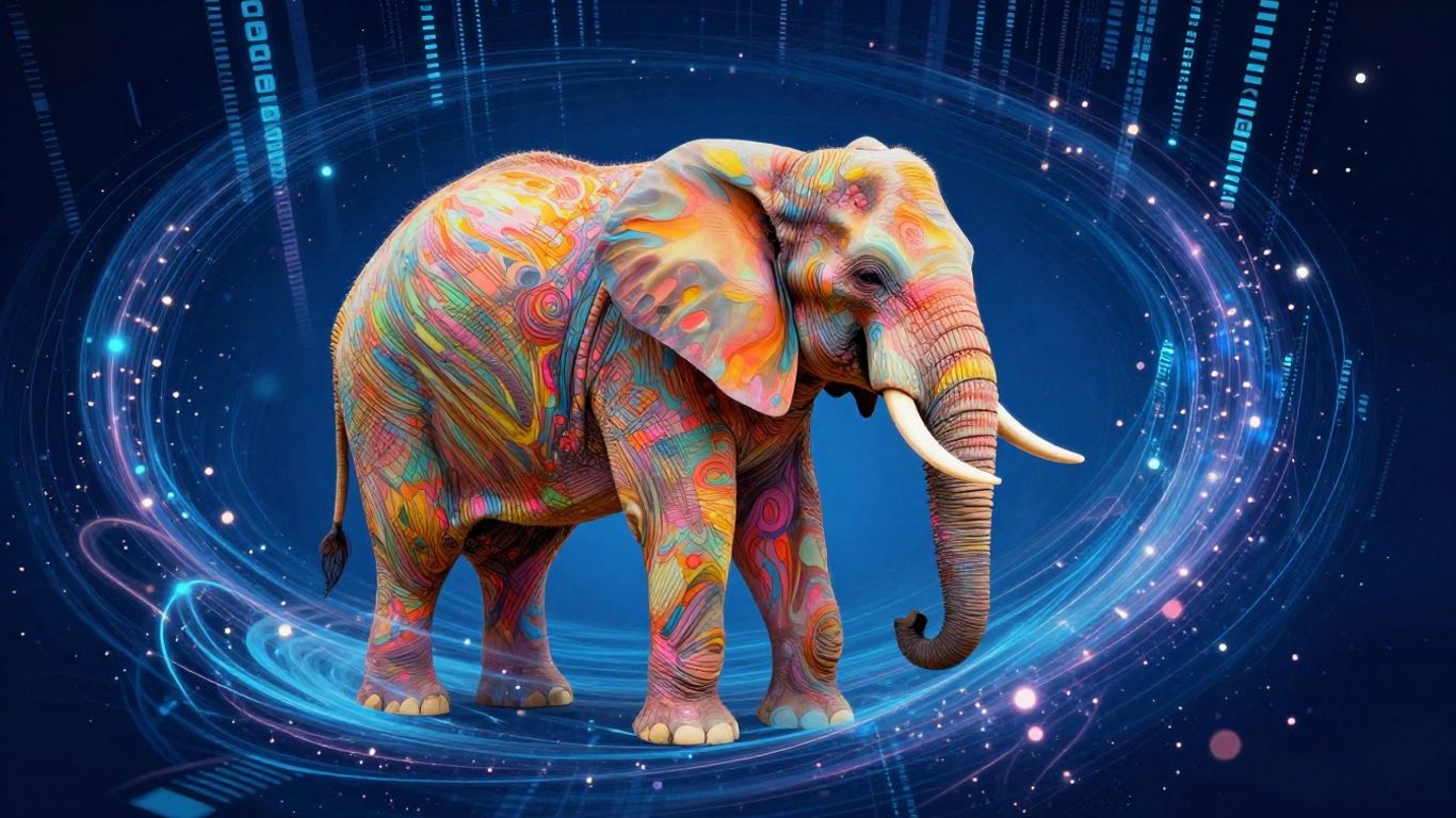A colourful elephant emerging from digital data streams.