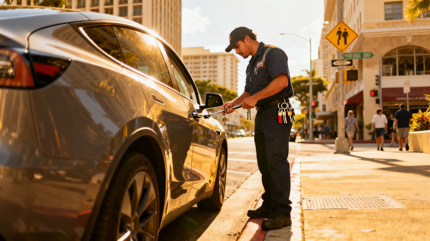 A professional locksmith working on a car door lock