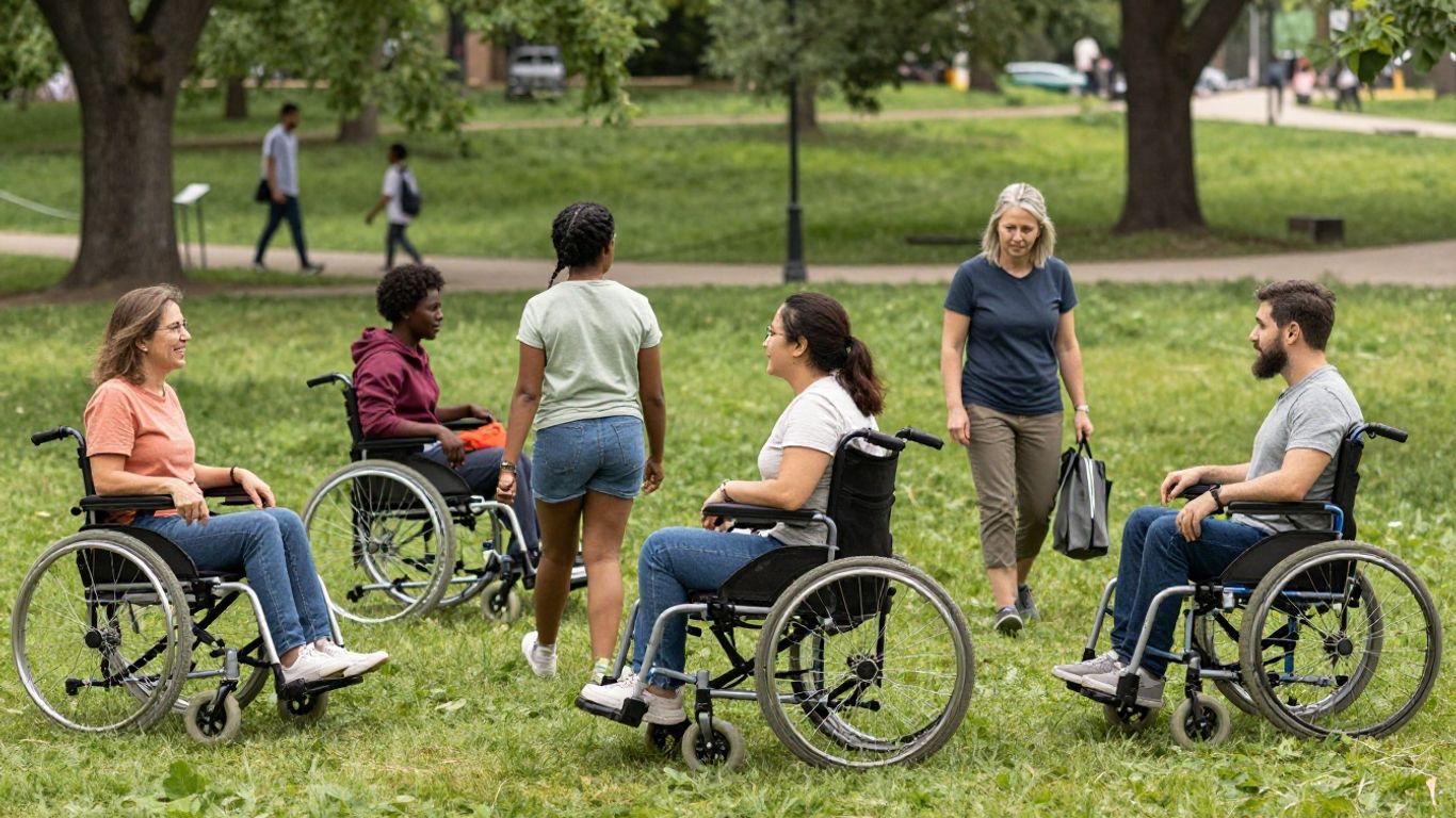 People with disabilities enjoying support outdoors together.