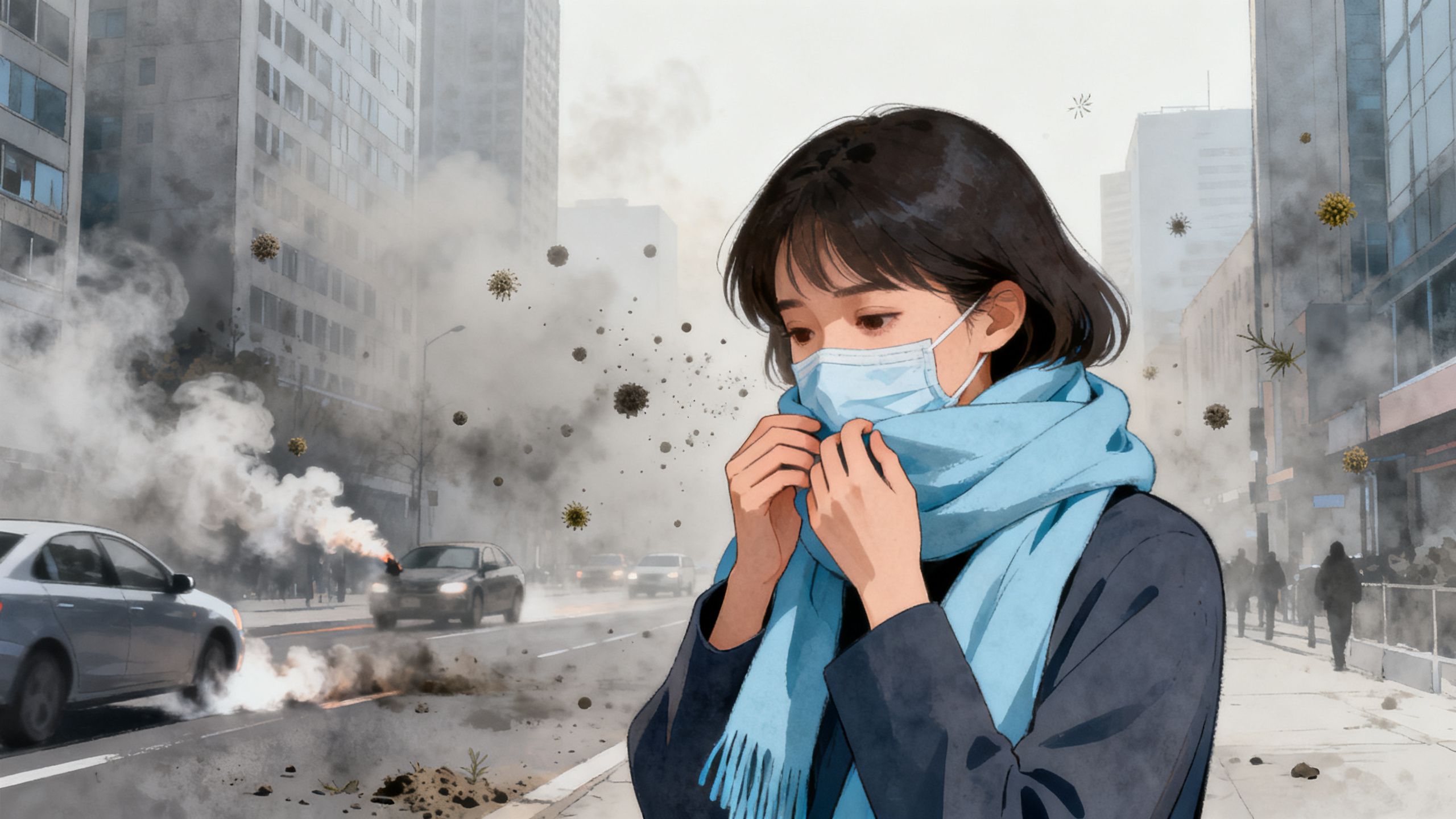 Une femme se protégeant le nez avec une écharpe dans un environnement urbain, illustrant l'impact de la pollution sur les allergies