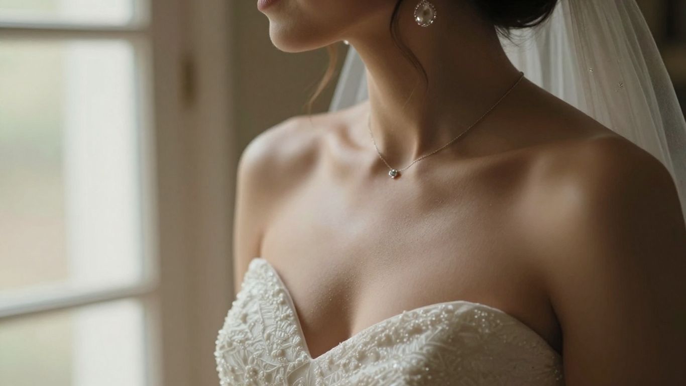 Bride wearing delicate jewellery with an intimate wedding dress