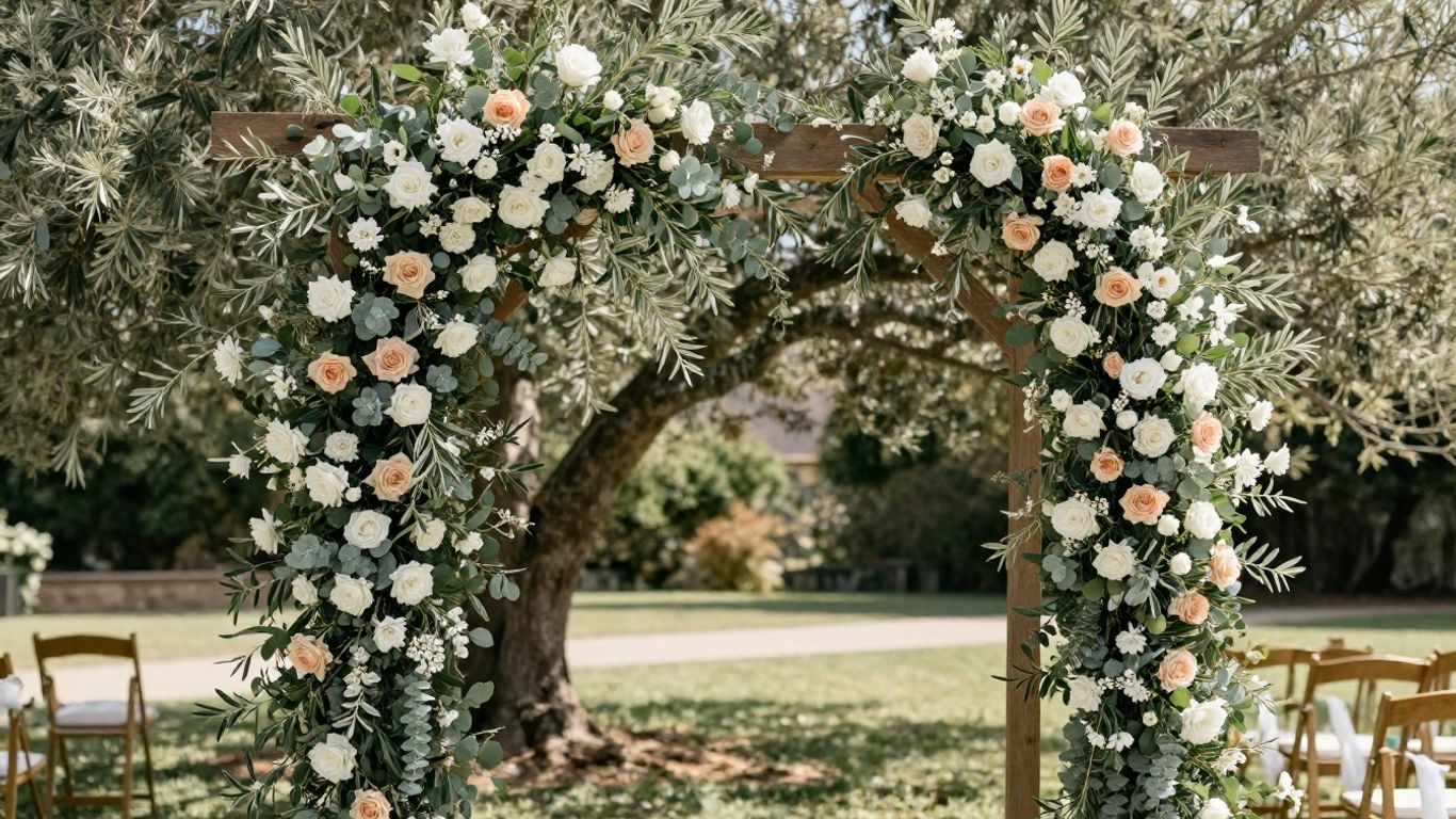 Elegant ceremony arbor with flowers and foliage