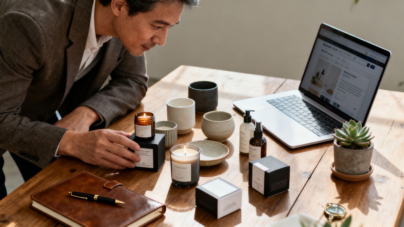Amazon seller reviewing niche product opportunities at a bright desk