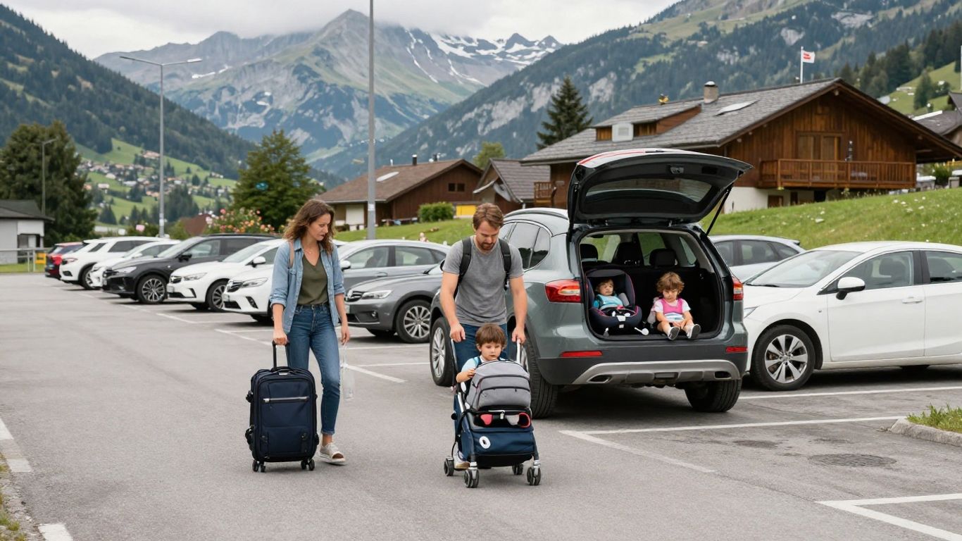 Kompakt-SUV mit Familie auf Schweizer Parkplatz