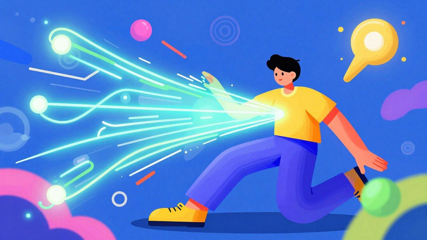 Human figure interacting with AI digital streams.