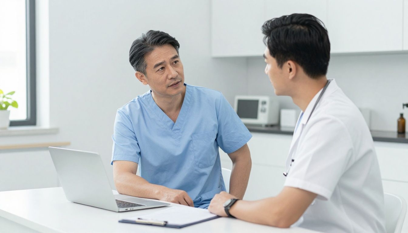 A male health provider in a clean, modern clinic setting having a discussion with a male patient in his 40s.