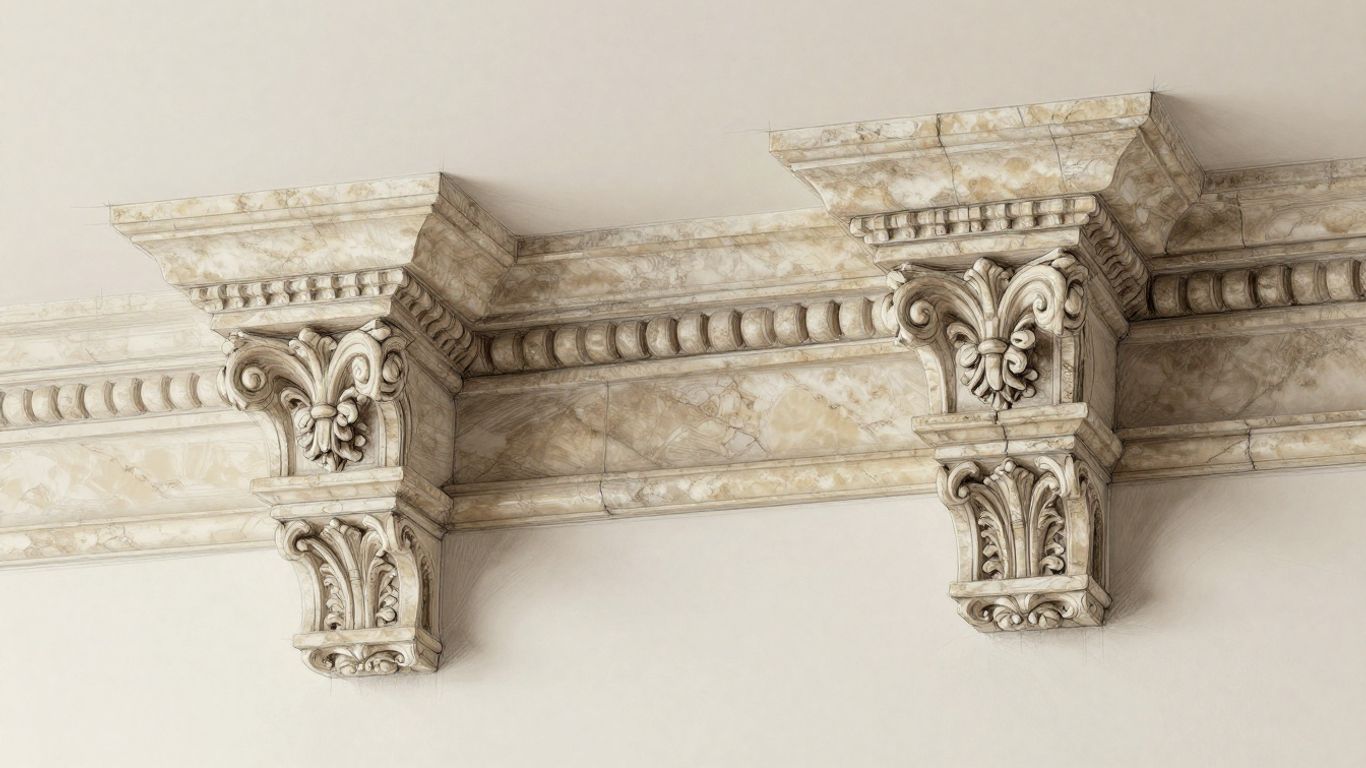 Boceto de moldura de piedra caliza en la pared interior de una casa.