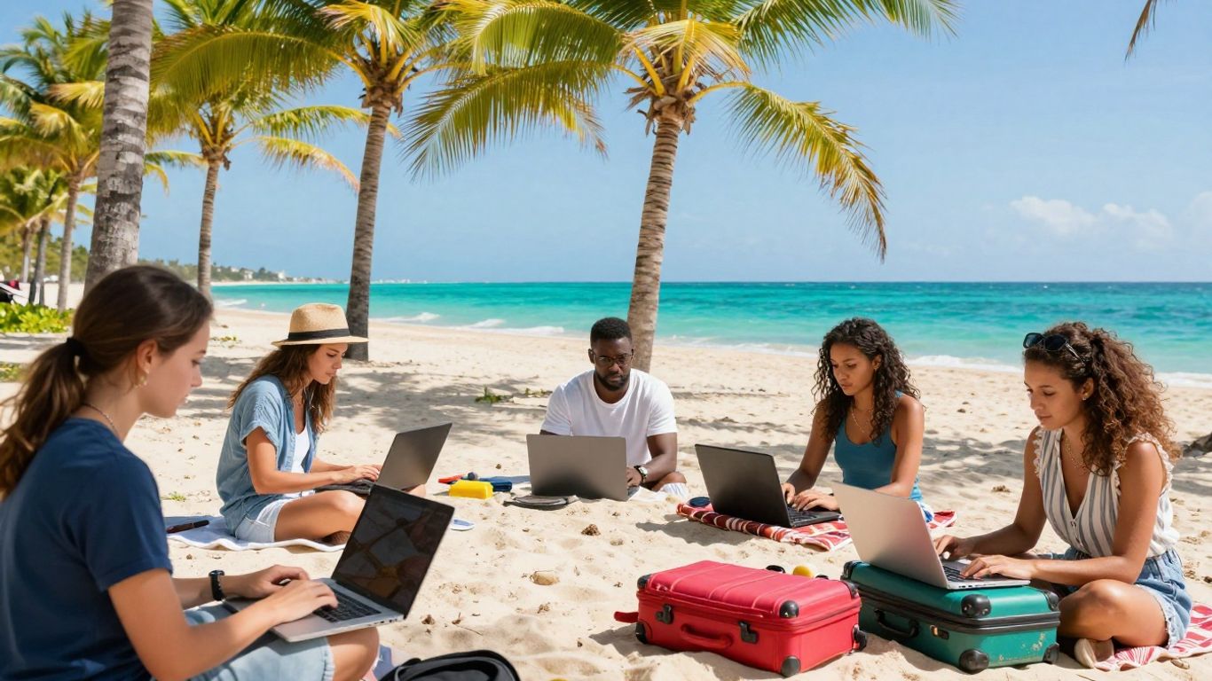 Digital nomads working on laptops at a tropical beach destination.